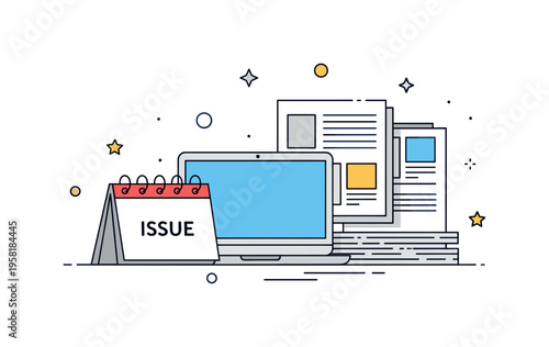 Content planning process showing a small calendar labeled ?Issue? beside a laptop and a stack of article pages. The compact scene highlights organization and
