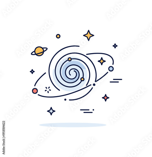 Milky Way exploration concept centered on a simple spiral galaxy icon with a tiny planet and star symbols orbiting around it. Educational cosmic