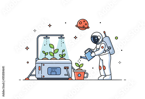 Mars farming concept with a compact hydroponic plant system glowing inside a small habitat module while an astronaut gently waters a seedling. The visual