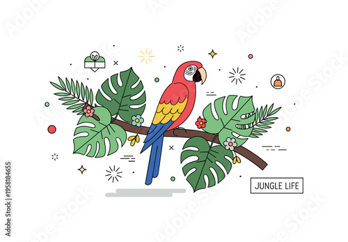 Tropical jungle parrot colorful parrot perched on a curved tropical branch surrounded by large monstera leaves and tiny flowers while small spark icons