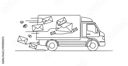 Courier Mail Truck. Minimalistic one-line drawing delivery truck with envelopes and parcels in transit, continuous single black line on white background,
