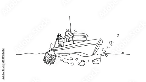 Ocean Cleanup Initiative. Minimalistic one-line drawing boat collecting floating debris to protect marine ecosystem, continuous single black line on white