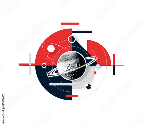 retro collage of a black and white planet with visible craters and rings, white outline cut-out effect around the planet, intersecting semicircles and thin