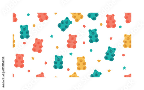 colorful gummy bear candies seamless pattern, soft jelly bear shapes scattered with tiny stars and candy dots arranged in a repeating pattern, white background