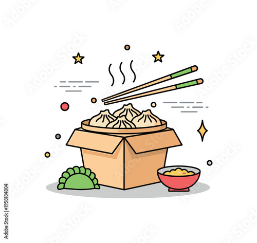 Street food steamed dumplings takeaway box filled with dumplings while chopsticks and steam lines create a lively urban street food atmosphere. The composition