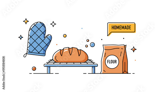 Home bakery scene cozy kitchen moment with a round loaf cooling on a rack while an oven mitt and flour bag sit nearby. A tiny label Homemade adds a friendly