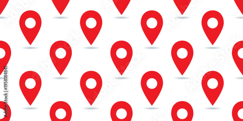 Red geolocation pin seamless pattern for map apps, travel textile, wallpaper and navigation themed decor