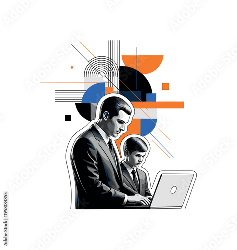 mentor and student discussing options over laptop abstract semicircles lines and geometric blocks symbolizing guidance in professional growth black and white