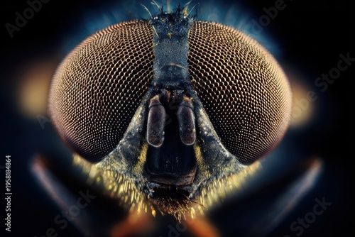 Dramatic Macro Insect Photography. Detailed Macro Shot Highlighting Fly Eyes And Vibrant Background