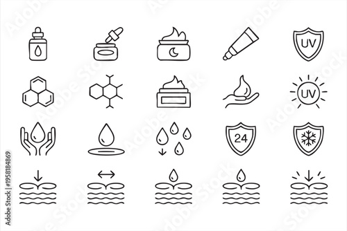 Beauty Skincare Icon Collection with UV Protection and Moisturizer Symbols