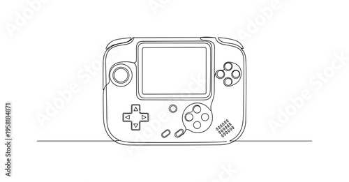 Educational Game Console. Minimalistic one-line drawing handheld device for interactive educational games, continuous single black line on white background,