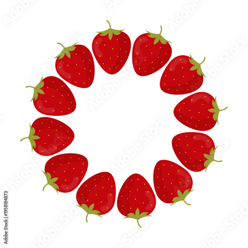Strawberry wreath frame. Bright juicy vector border, perfect for packaging, menus, summer cards and food design.