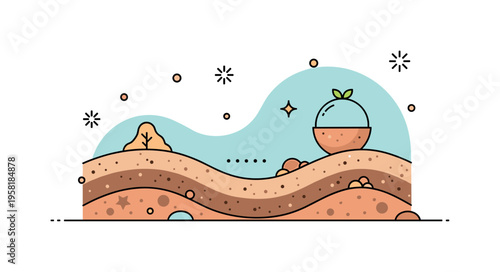 Earth inspired abstract pattern formed by gentle curved shapes and subtle speckles suggesting natural ground layers and organic materials. Calm and grounded