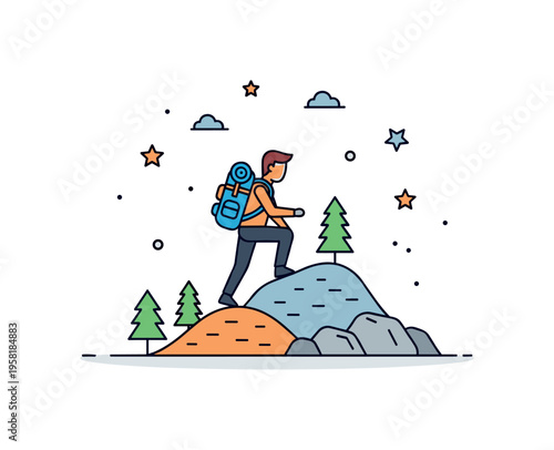 Hiking and backpacking adventure illustrated by a person climbing a small hill with backpack, tiny decorative trees, rocks, and stars enhancing exploration,