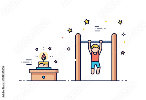 Flicker of a small candle on a nightstand with subtle glow, tiny motion lines, and decorative dots around the flame, conveying calm, warmth, and gentle