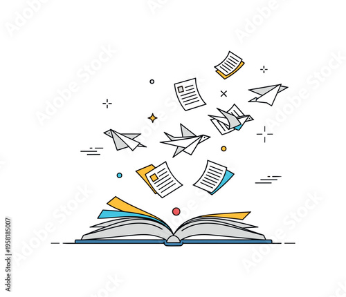 Pages escaping a book open book with loose pages drifting away in different directions like paper birds in flight. The composition represents ideas spreading