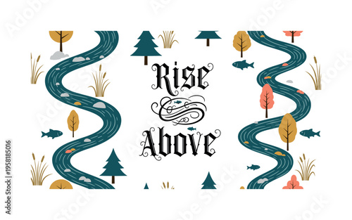Rise Above. lettering and all elements in black. Vector style. AWhite background. Pure white background. Perfect isolation and visual consistency.