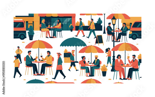 street cafe lifestyle seamless pattern, people enjoying coffee at outdoor tables, pastries, umbrellas, walking pedestrians and urban streets arranged in a