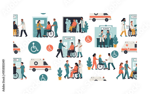 inclusive healthcare seamless pattern, diverse patients visiting clinics, doctors helping, wheelchairs, ambulances, and accessibility symbols arranged in a
