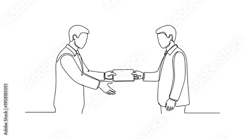 Saying No in Relationship. Minimalistic one-line drawing person handing back a request card to partner in gentle refusal showing personal boundary, continuous