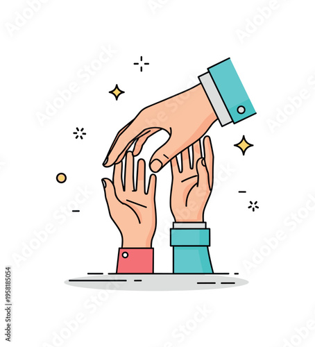 Supportive hands scene with one hand gently grasping another reaching upward. The illustration communicates care, help and emotional support. Minimalist flat