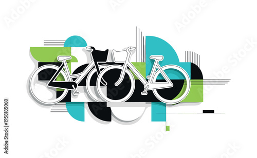 bike-sharing station in city abstract semicircles lines and geometric blocks symbolizing sustainable urban transport black and white retro bicycle objects with
