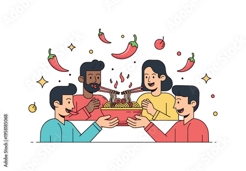 Friends sharing spicy street snacks group of friends passing around a bowl of spicy noodles while chili icons and playful sparkles hint at bold flavors and