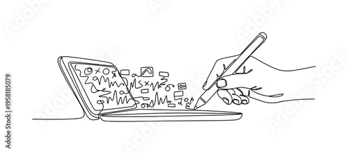 AI Text Creation. Minimalistic one-line drawing stylus or hand interacting with tablet producing digital content automatically, continuous single black line on