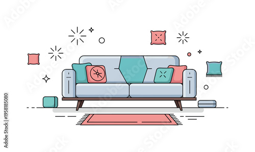 Modern sofa low-profile sofa with geometric cushions and minimalistic rug underneath representing modern home design, elegance, and comfort. Decorative spark