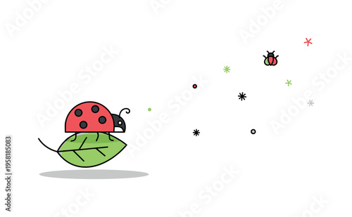 Curious ladybug crawling along a simple leaf while tiny decorative dots suggest movement across the surface. Cheerful nature inspired illustration capturing