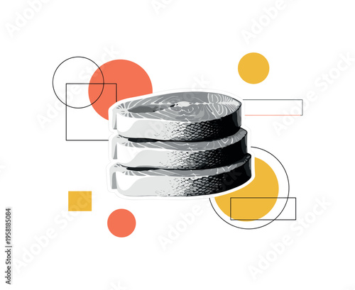 black and white stacked salmon fillets forming a balanced composition, realistic cut-out objects with white outline, abstract circles and rectangular shapes