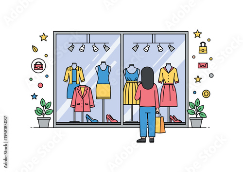 Fashion window display elegant clothing items arranged on mannequins behind a large shop window while a curious shopper observes the display. Decorative star