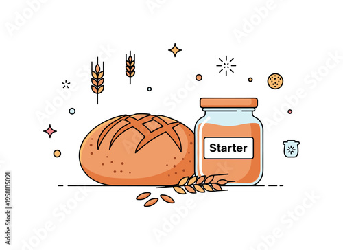 Sourdough bread baking rustic round loaf with signature crust pattern resting beside a small jar labeled Starter and scattered wheat grains. Decorative spark