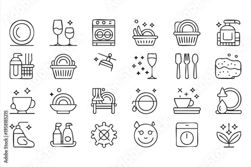 Household Cleaning Icons Featuring Dishwashing Tools and Hygiene Concepts