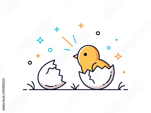 New life hatching from an egg with a small chick pushing through a cracked shell while soft spark accents highlight the moment. The joyful scene symbolizes