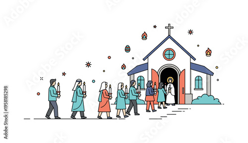 Easter Vigil outdoor church scene with procession of people carrying candles toward the entrance representing tradition, community, and religious observance.
