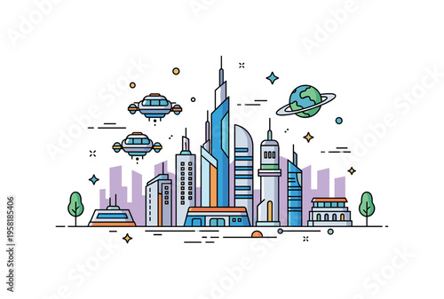 Interplanetary city concept centered on a futuristic skyline with hovering transport pods and a small planet icon visible in the background. The
