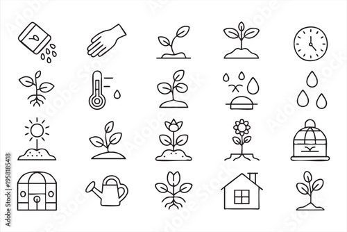 Minimal Line Icons of Plant Growth Stages and Gardening Tools Collection