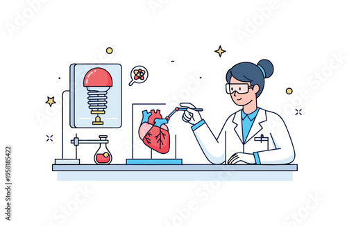 Biomedical implant development medical researcher studying a small artificial heart prototype displayed on a laboratory workstation. Visual story of modern