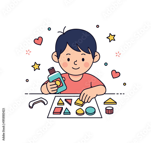 Kids craft creativity playful crafting moment where a child glues colorful shapes onto a card while small hearts and stars appear around the scene. The