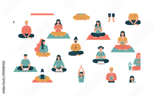 Daily mindfulness routine seamless pattern, people practicing breathing yoga journaling and quiet reflection arranged in a repeating pattern, white background