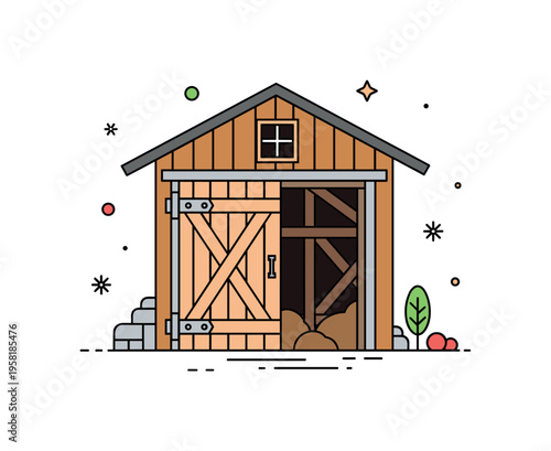 Farm barn entrance large wooden barn door slightly open revealing a hint of the interior barn space while metal hinges and cross planks emphasize sturdy rural