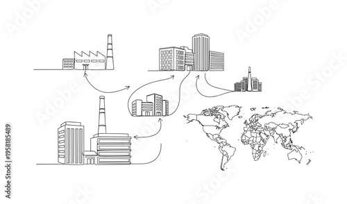 Global Business Expansion. Minimalistic one-line drawing factories and office buildings with arrows linking countries representing international investment,