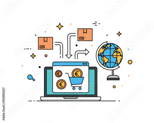 Digital trade platform laptop screen displaying shopping cart and currency symbols while arrows connect to shipping boxes and a globe. The illustration