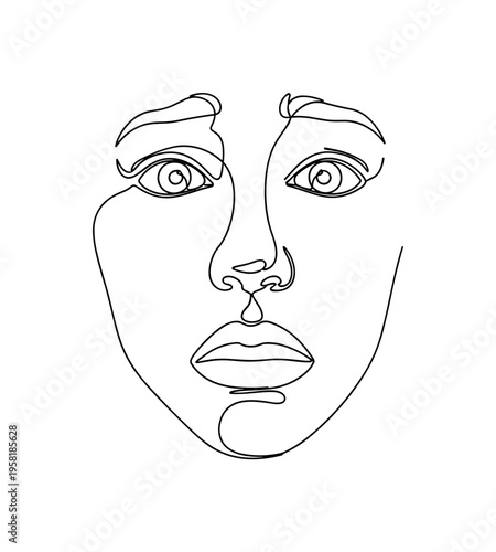 Anxious Expression. Minimalistic one-line drawing face with wide eyes and slightly open mouth symbolizing inner silent scream, continuous single black line on