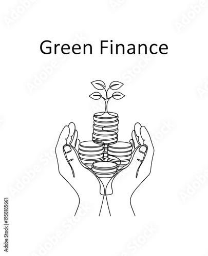 Green Finance. Minimalistic one-line drawing hands holding coins and a tiny tree growing upward representing responsible investing, continuous single black