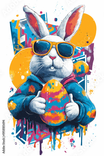 Cool cartoon rabbit wearing sunglasses holding Easter egg poster. Cartoon rabbit wearing sunglasses holding a colorful graffiti-painted Easter egg with traditional food