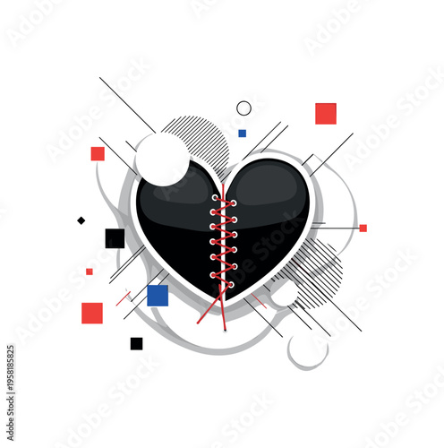 broken heart stitched with thread abstract circles thin lines and geometric blocks symbolizing emotional repair black and white retro heart object with white