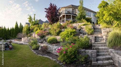 House overlooking landscaped terraced stone garden