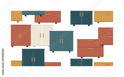 modern cabinetry seamless pattern, sleek cabinet doors, minimalist handles, hinges and clean panel designs arranged in a repeating pattern, white background